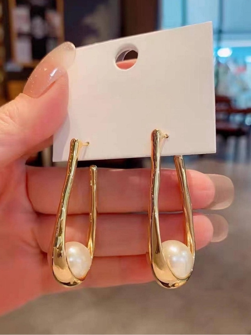 Golden Freshwater Pearl Drop Hoop Earrings